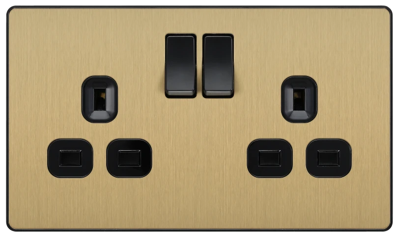 BG Evolve PCDSB22B 13A Double Switched Socket with Black Inserts - Satin Bras