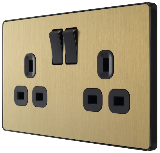 BG Evolve PCDSB22B 13A Double Switched Socket with Black Inserts - Satin Bras