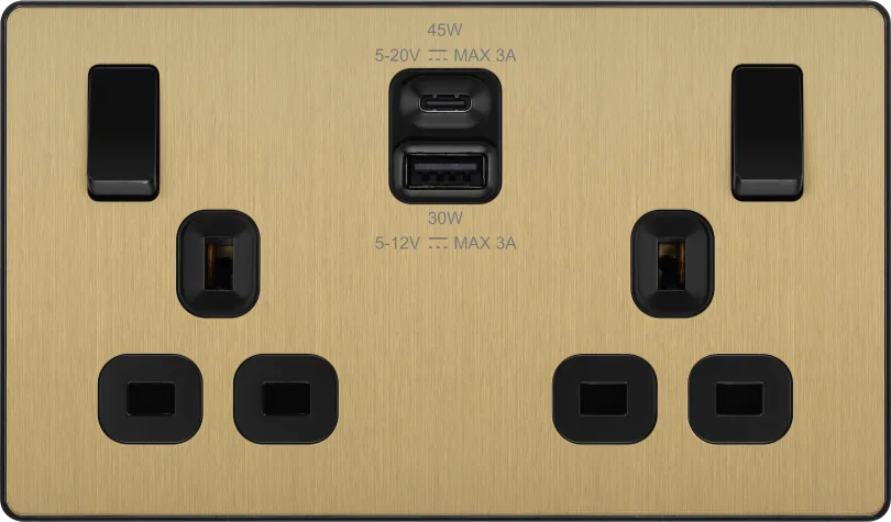 BG Evolve PCDSB22UAC45B 13A Double Switched Socket with 45W USB-A & USB-C Fast Charging – Black Inserts - Satin Brass