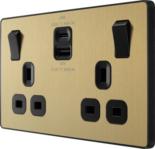 BG Evolve PCDSB22UAC45B 13A Double Switched Socket with 45W USB-A & USB-C Fast Charging – Black Inserts - Satin Brass