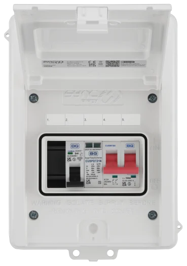 BG CFEV6W IP65 EV Charger Consumer Unit – 100A Main Switch, 40A MCB & Type 2 SPD - White