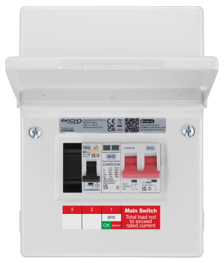 BG CFUEV5RDA IP20 EV Consumer Unit – 100A Main Switch, 40A Type A RCBO & Type 2 SPD