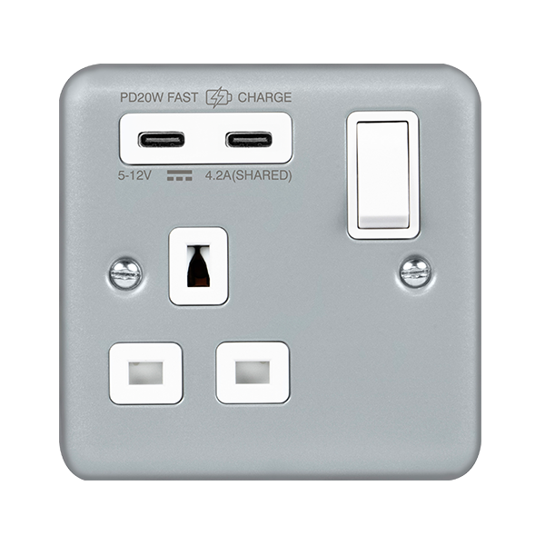 Click Scolmore MCP595 13A 1 Gang Switched Socket Outlet With Twin Type C USB (4A) Outlets