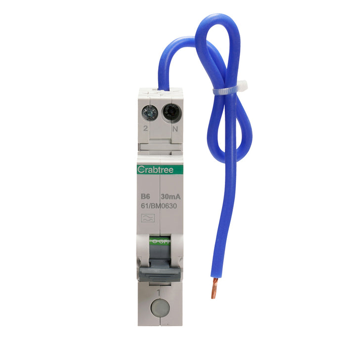 Crabtree 61/BM0630 6A 30mA SPswN B Curve 6kA Type A Miniature RCBO Bi-Directional
