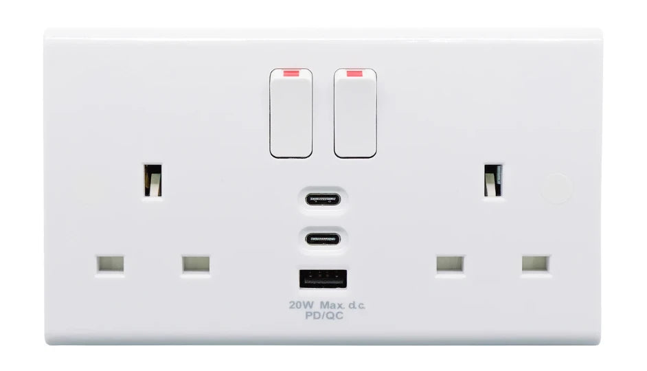 Deta S1230 Slimline 13A 2 Gang Single Pole Switched Socket with 20W USB C+C+A