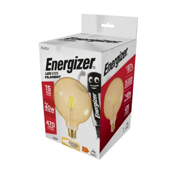 Energizer S15029 LED Filament Gold G125 E27 (ES) 470lm 5W 2,200K (Warm White) Dimmable, Box of 1