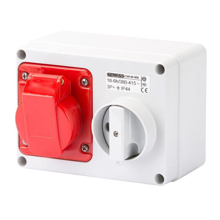 Gewiss GW66008 Fixed Interlocked Horizontal Socket Outlet   With Bottom   Without Fuse Holder Base   3P+E 16A 380 415V   50/60Hz 6H   Ip44