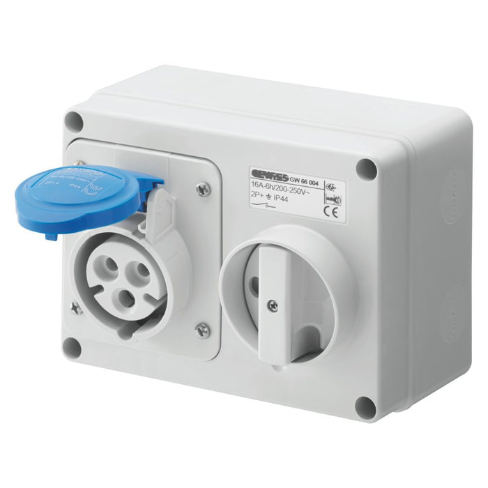 Gewiss  GW66015 Fixed Interlocked Horizontal Socket Outlet   With Bottom   Without Fuse Holder Base   2P+E 32A 200 250V   50/60Hz 6H   Ip44