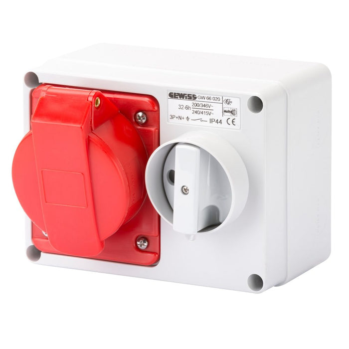 Gewiss GW66019 Fixed Interlocked Horizontal Socket Outlet   With Bottom   Without Fuse Holder Base   3P+E 32A 380 415V   50/60Hz 6H   Ip44
