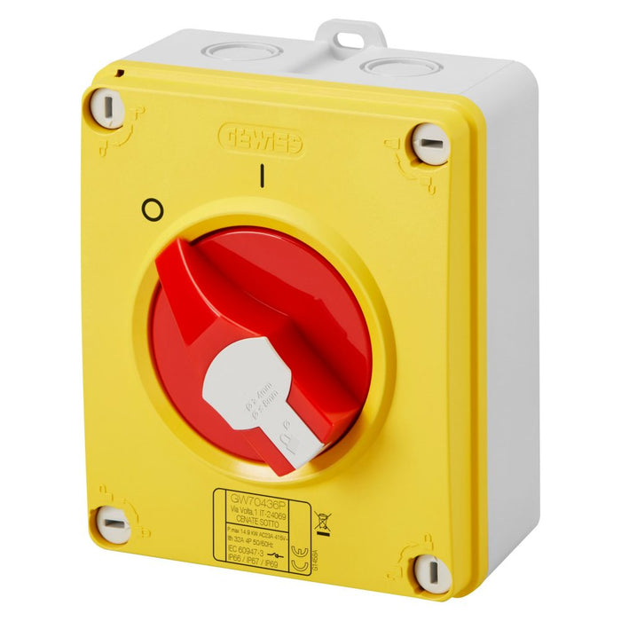 GEWISS GW70443P ROTARY ISOLATOR SWITCH - HP - EMERGENCY - ISOLATING MATERIAL BOX - 40A 4P - LOCKABLE RED KNOB - IP66/67/69