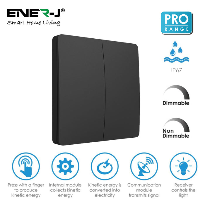 Ener-J Smart Control 2 Gang Wireless Kinetic Light Switch Dimmable Battery Free Black 240V