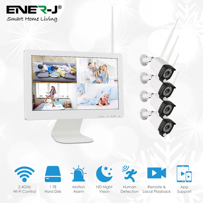 Premium Wireless CCTV Kit with 4 x Outdoor Bullet Cameras, 15.6" Monitor & 8CH NVR with 1TB HDD Pre-installed - APP Monitoring