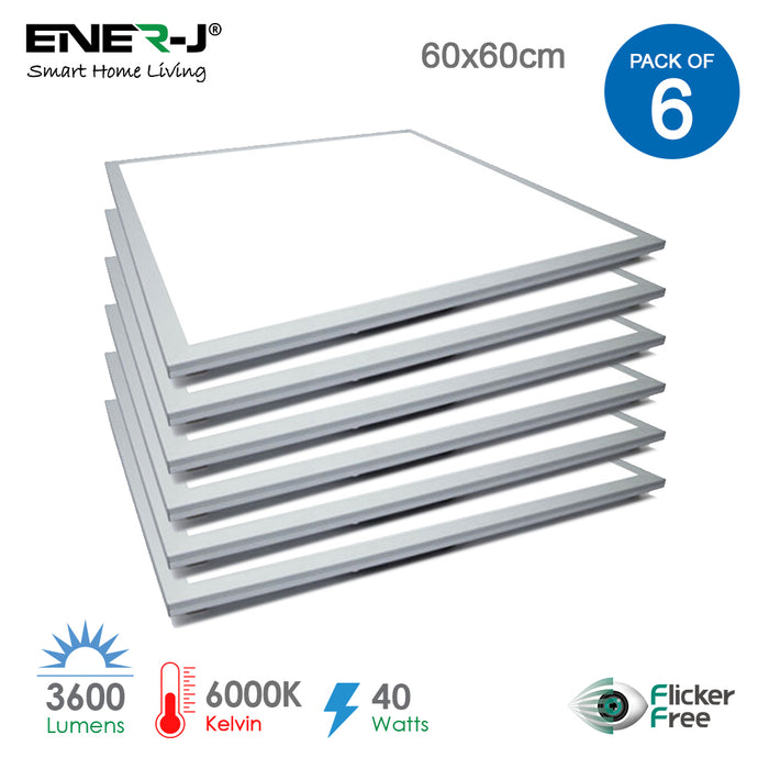Pack of 6 LED Ceiling Slim Edgelit Panel Light, 6000k, 40W, 60x60 cm, 3600 Lumens