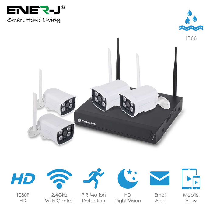 ENER-J 8-Channel Wi-Fi NVR CCTV Kit with 4 × 1080P IP66 Outdoor Cameras, Wireless Security System with Night Vision & Motion Alerts