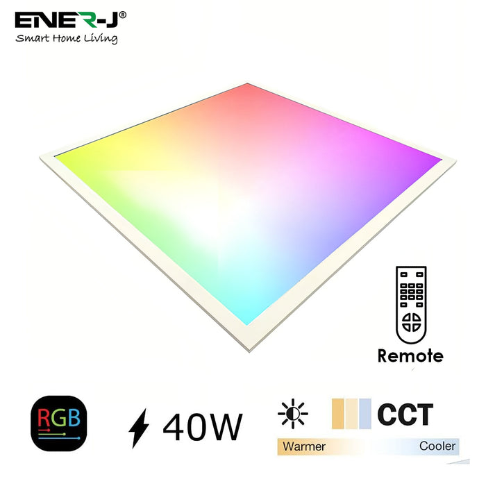 Ener-J Smart RGB+CCT LED Ceiling Panel Light 600×600mm – 40W Backlit Panel, App, Remote & Voice Control
