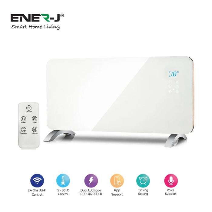 Ener-J 2000W Smart Electric Heater with White Tempered Glass – WiFi, App & Voice Control, Wall Mounted or Freestanding