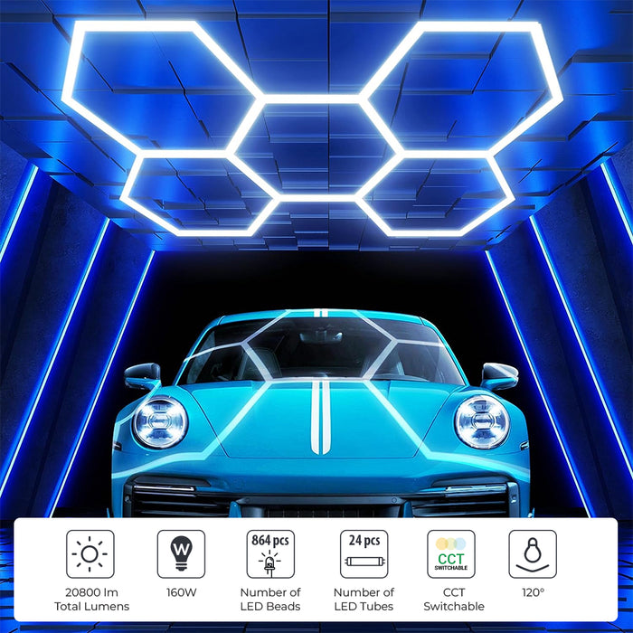 Ener-J 160W LED Car Showroom Light 5 Hexagon Design CCT Switchable Black 240V