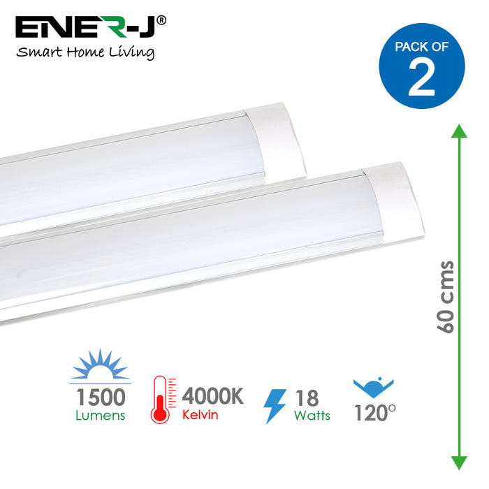 Pack of 2 units, LED Prismatic Battens IP20 18W 60cms 4000K