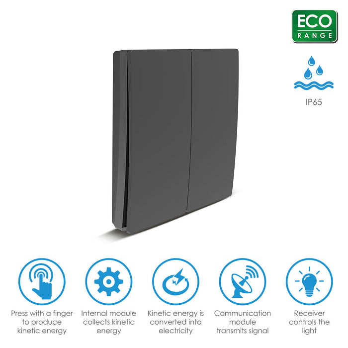Ener-J Wireless Kinetic 2 Gang Wall Switch Black IP56