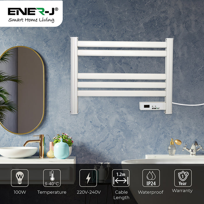 Ener-J 100W Infrared Heated Towel Rail – Wall Mounted 5-Bar Electric Bathroom Radiator, LED Timer, IP24 White
