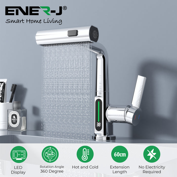 ENER-J Single Hole Basin Tap with Waterfall Spout, Pull-Out Spray & LED Temperature Display – Chrome Silver