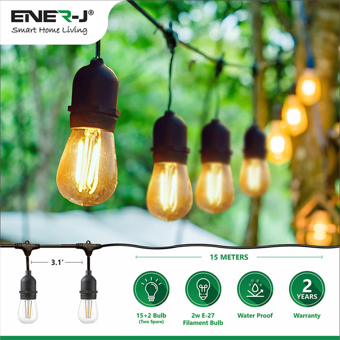 Ener-J LED Filament Bulb String Light Kit – 15 × 2W Vintage LED Lamps, 48ft, IP65 Outdoor Rated