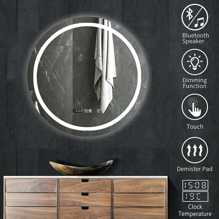 Round LED Mirror with Bluetooth Speaker, CCT Changing & Dimmable, 70cm Diameter