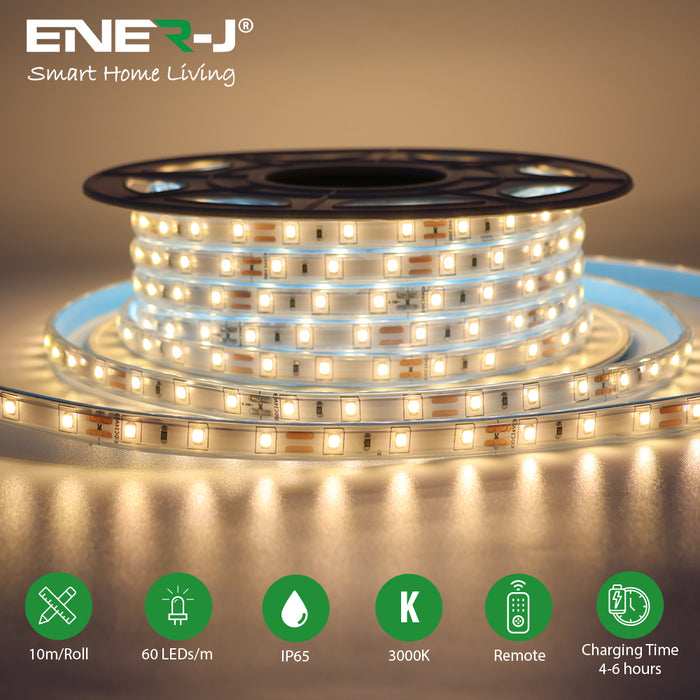 ENER-J 10m Solar Powered LED Strip Light – IP65 Outdoor, 3000K Warm White, Remote Control