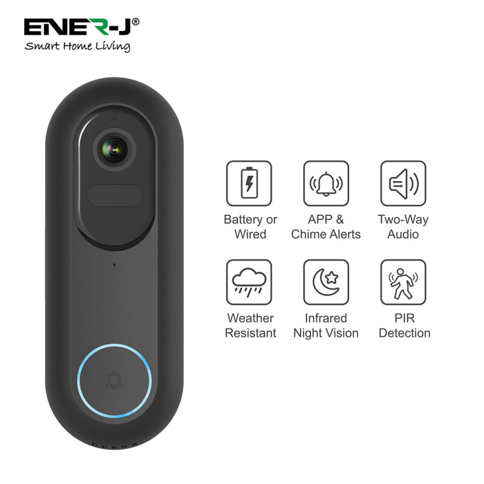 ENER-J Flexi Smart Video Doorbell, Wireless or Wired, 1080p HD, Two-Way Audio, Siren, Night Vision & Indoor USB Chime