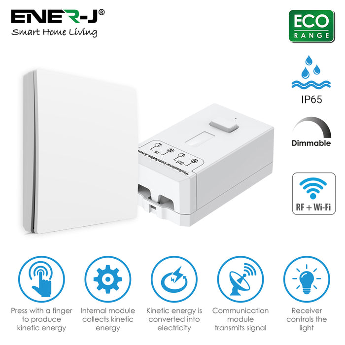 Ener-J WS1061X 1 Gang Wireless Kinetic Switch Kit White 150W Dimmable WiFi Receiver