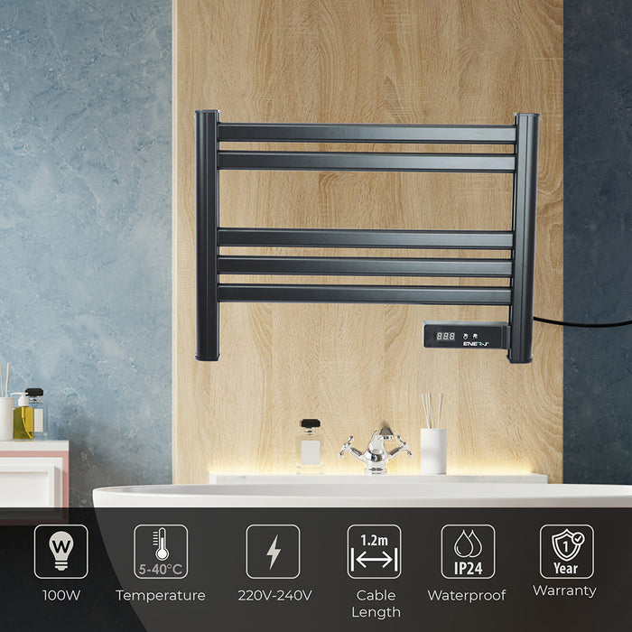 Ener-J 100W Infrared Heated Towel Rail – Wall Mounted 5-Bar Electric Bathroom Radiator, LED Timer, IP24 Black