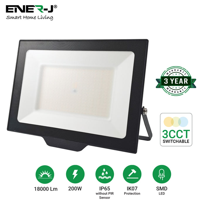 Ener-J 200W LED Floodlight CCT Switchable 3000K 4000K 6000K IP65 Black 20000Lm