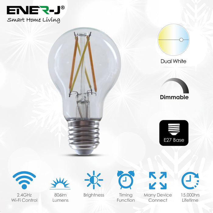 Smart Wi-Fi Filament GLS A60 Bulb 6.5W, CCT Changeable & Dimmable, E27 Base