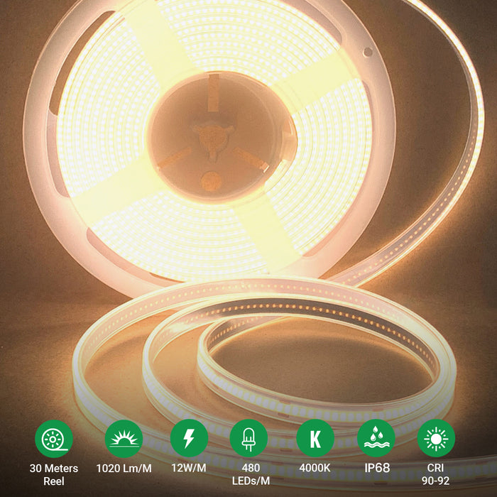 30m COB LED Strip Light 24V IP65 – 4000K Natural White, 480 LEDs/m, Dotless High CRI Flexible Lighting Strip
