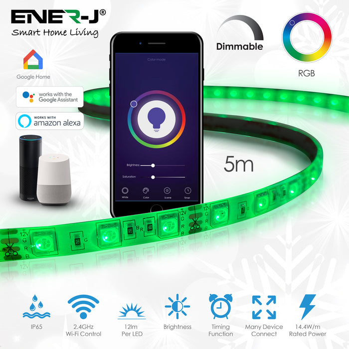 Smart Wi-Fi RGB LED Strip Light Kit – 5m IP65 Plug & Play, App & Voice Control with Alexa & Google