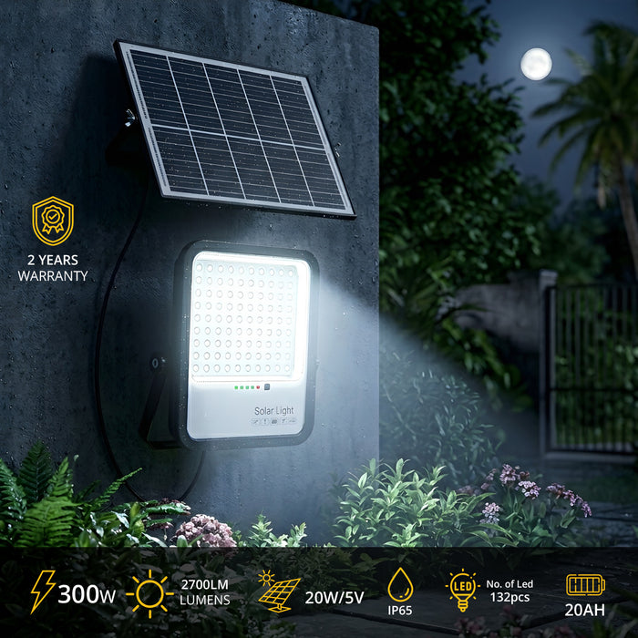 Ener-J 300W Solar LED Floodlight with Solar Panel – Remote Control, IP65 Waterproof, White Light