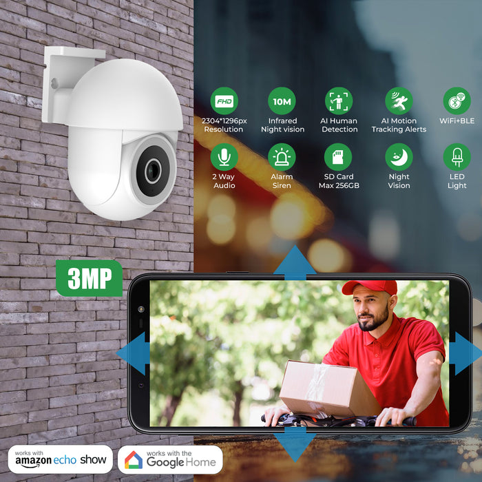 ENERJ Smart WiFi Outdoor Dome IP Camera – 2K 3MP Pan-Tilt Security Camera with Night Vision, Motion Detection, Two-Way Audio, Alexa/Google Home Compatible