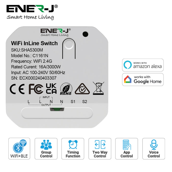 Ener-J Smart Home WiFi and BLE 1 Gang Light Switch Module Single Output White 2200W 10A