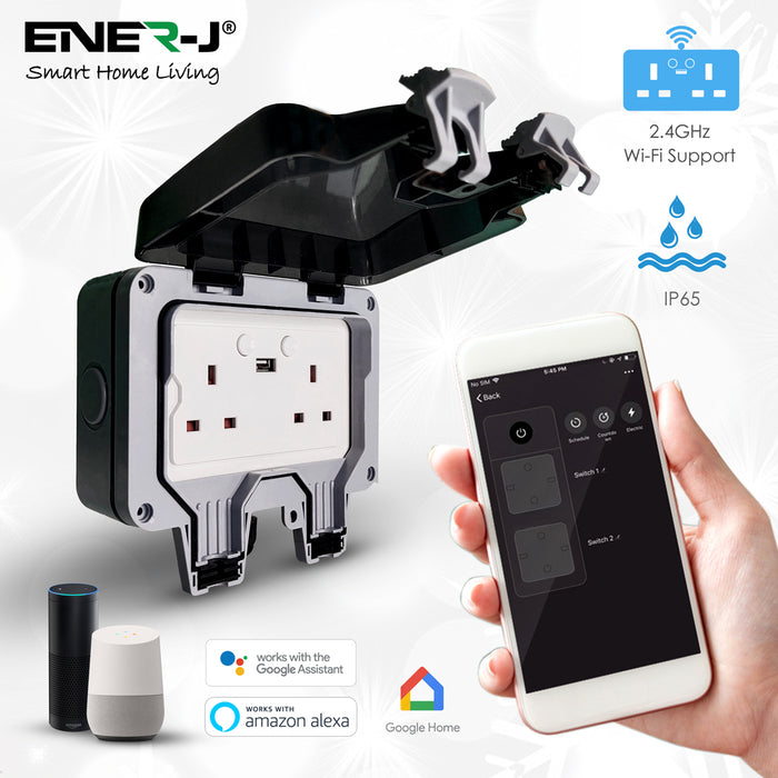 Ener-J Smart Wi-Fi Outdoor Twin Socket – IP66 Weatherproof 2×13A Double Pole with Dual USB 2.1A, ENERJSMART App