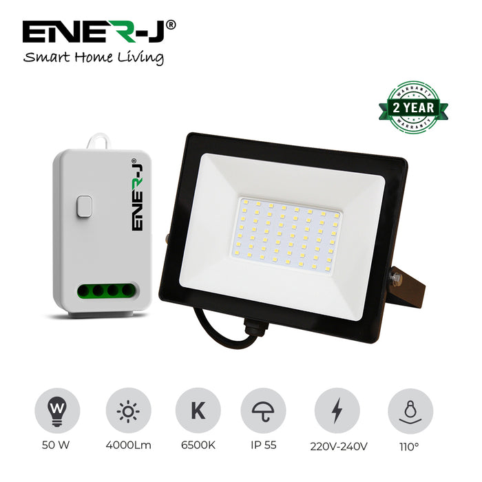 Ener-J 50W LED Floodlight with 500W RF Receiver and 1 Gang Wireless Kinetic Switch White