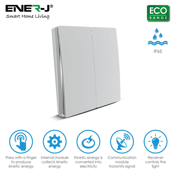 Ener-J Wireless Kinetic 2 Gang Self Powered Light Switch Silver IP56 Waterproof 433MHz