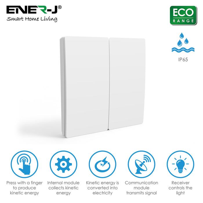 Ener-J Wireless Kinetic 2 Gang Self Powered Wall Switch IP67 Waterproof White 433MHz