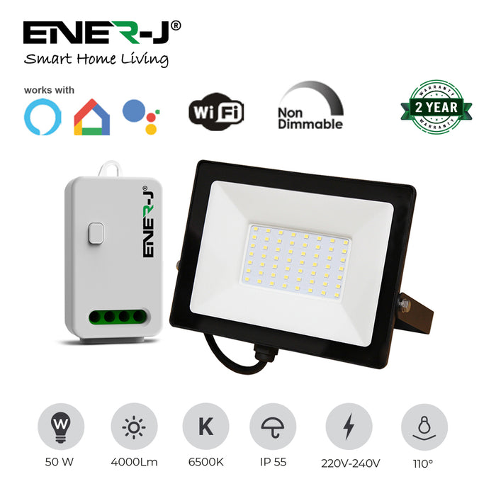 Ener-J 50W Slim LED Floodlight with 500W RF, WiFi Receiver and 1 Gang Wireless Kinetic Switch White 50W