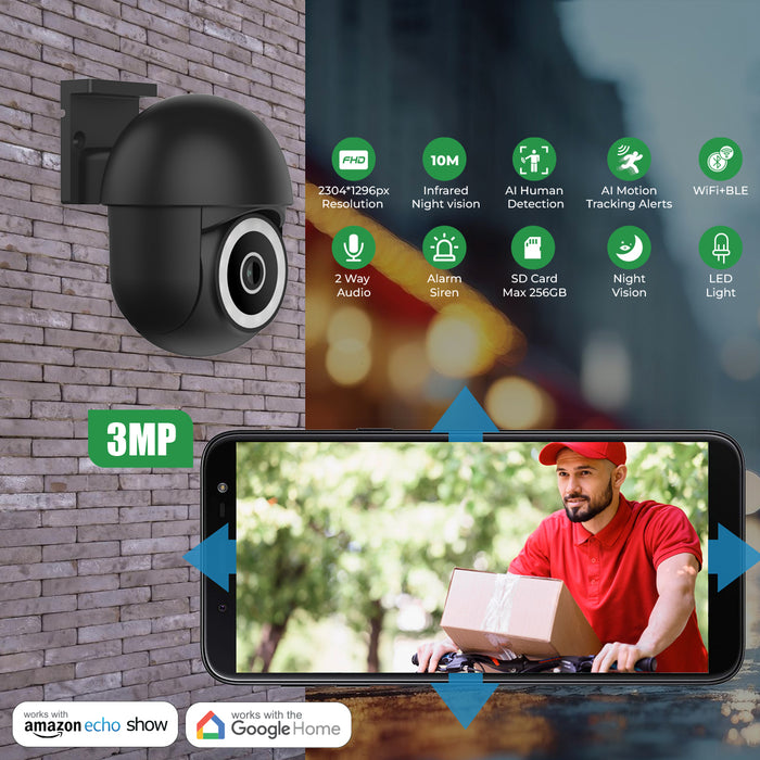 ENERJ Smart WiFi Outdoor Dome IP Camera 2K (2304×1296) with 355° Pan, 90° Tilt, IR-CUT Night Vision, Motion Detection, Two-Way Audio & Alexa/Google Home Compatibility – Black