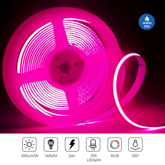 5 meters 24V COB LED Strip Light, RENER-J 5m 24V COB LED Strip Light RGB, Spotless High-Density LED Tape, IP20 Indoor LightingGB, IP20