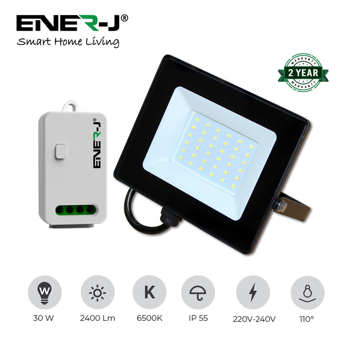 Ener-J 30W Slim LED Floodlight 500W RF Receiver 1 Gang Wireless Kinetic Switch White