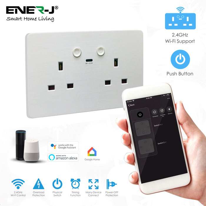 Smart WiFi Twin Socket 13A + 2.1A USB, White Body