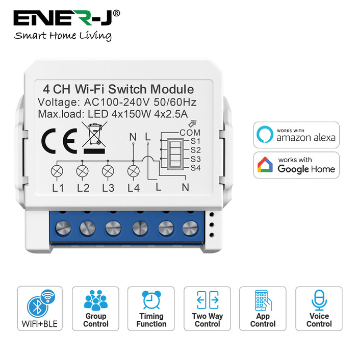 Ener-J Smart Home WiFi and BLE 4 Gang Light Switch Module Quad Output 600W White 240V