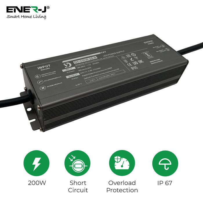 ENER-J Waterproof 200W 24V Power Supply – Constant Voltage LED Driver (IP65/IP67 Rated)