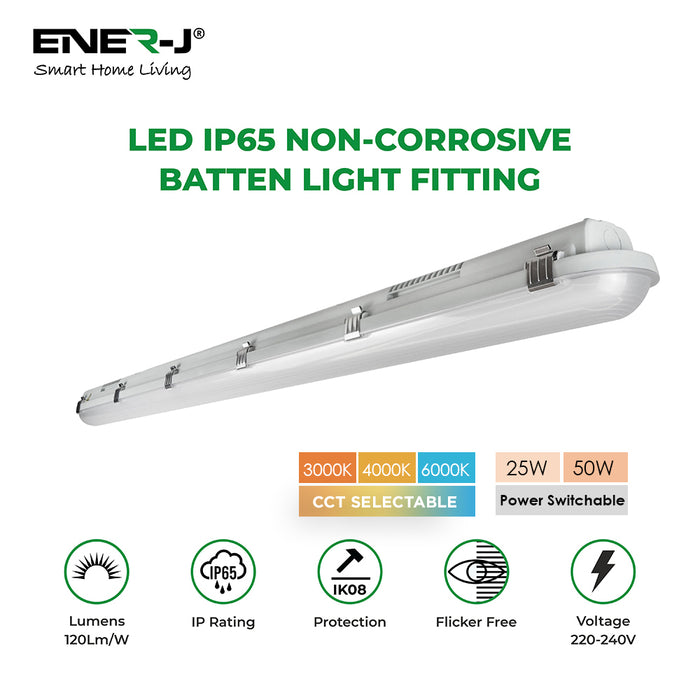 Power Selectable & CCT Selectable Non Corrosive Waterproof LED Fitting, 1.5m, 50W, 120 Lumens per Watt